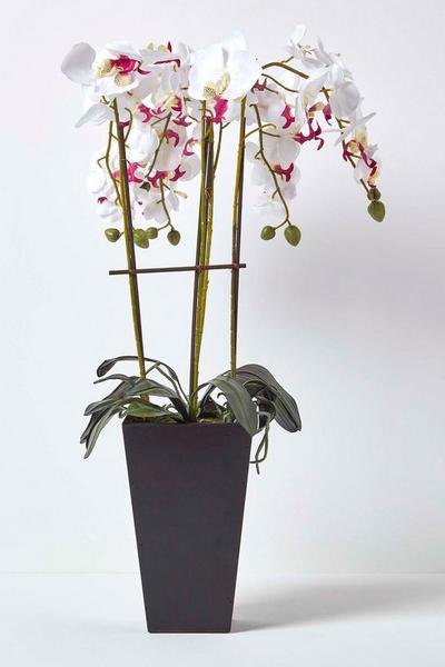 Homescapes White Artificial Flowers White Orchid in a Black Pot, 70 cm