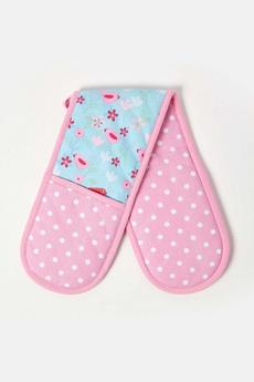 Homescapes Pink Birds and Flowers Pink Cotton Double Oven Glove