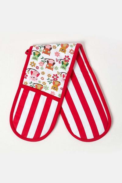 Homescapes Red Red Owls Cotton Double Oven Glove