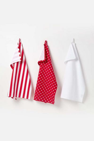 Homescapes Red Red Polka Dot Cotton Tea Towels Set Of Three
