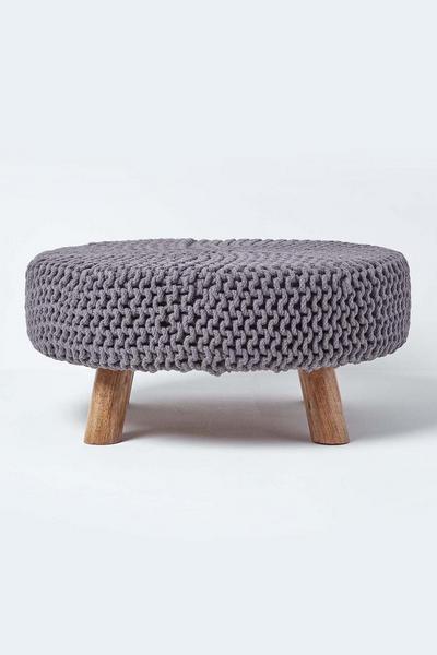 Homescapes Grey Large Round Cotton Knitted Footstool on Legs
