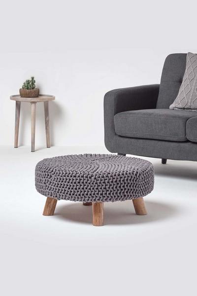 Homescapes Grey Large Round Cotton Knitted Footstool on Legs