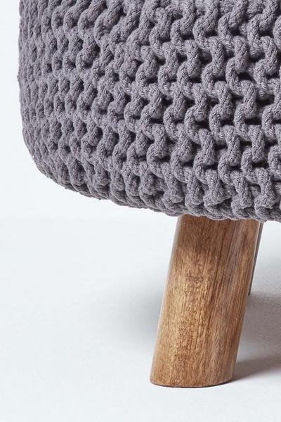 Homescapes Grey Large Round Cotton Knitted Footstool on Legs