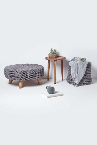 Homescapes Grey Large Round Cotton Knitted Footstool on Legs