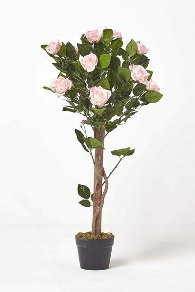Homescapes Pink Potted Rose Tree Artificial Plant with lifelike green leaves, 90 cm