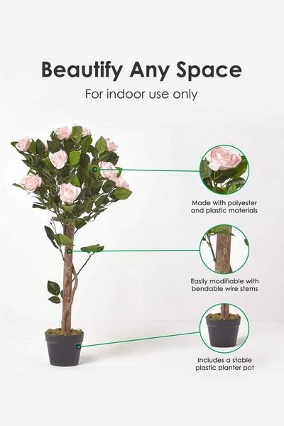 Homescapes Pink Potted Rose Tree Artificial Plant with lifelike green leaves, 90 cm