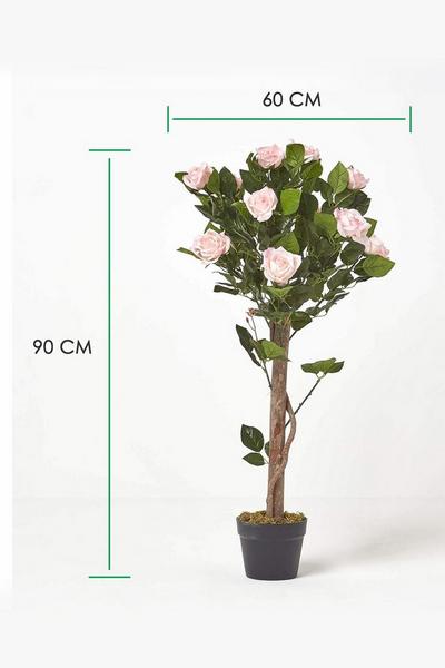Homescapes Pink Potted Rose Tree Artificial Plant with lifelike green leaves, 90 cm
