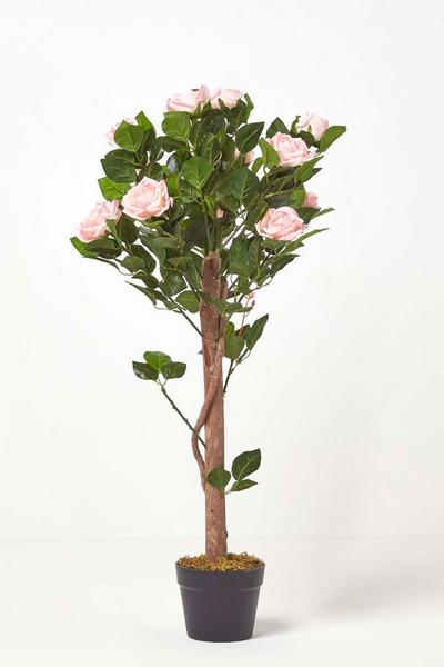 Homescapes Pink Potted Rose Tree Artificial Plant with lifelike green leaves, 90 cm