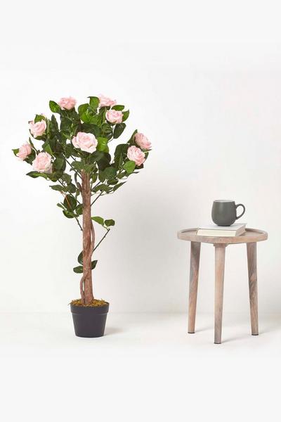 Homescapes Pink Potted Rose Tree Artificial Plant with lifelike green leaves, 90 cm