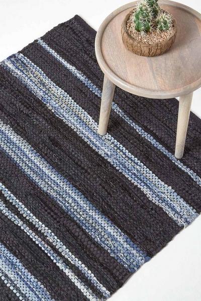 Homescapes Blue Texas Leather & Denim Woven Striped Blue Rug