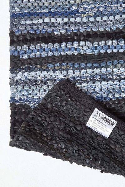 Homescapes Blue Texas Leather & Denim Woven Striped Blue Rug