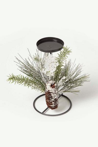 Homescapes Green Frosted Artificial Pine Branch Christmas Candle Holder