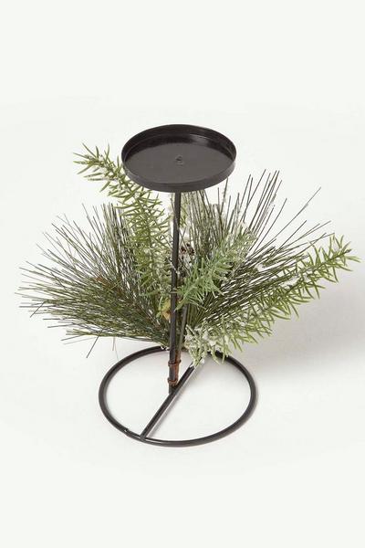 Homescapes Green Frosted Artificial Pine Branch Christmas Candle Holder