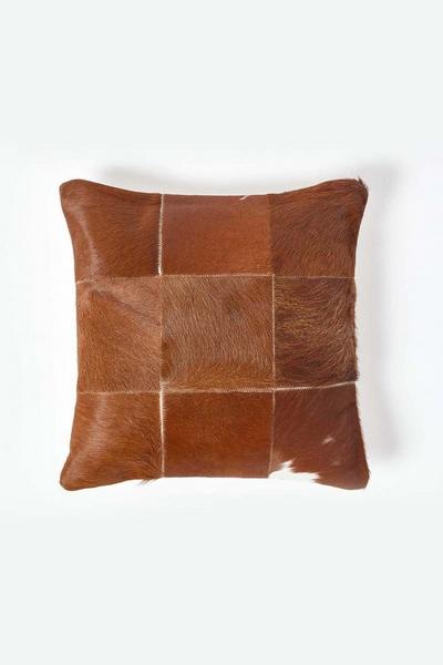 Homescapes Beige Beige Real Leather & Goat Hair Large Check Cushion with Feather Filling