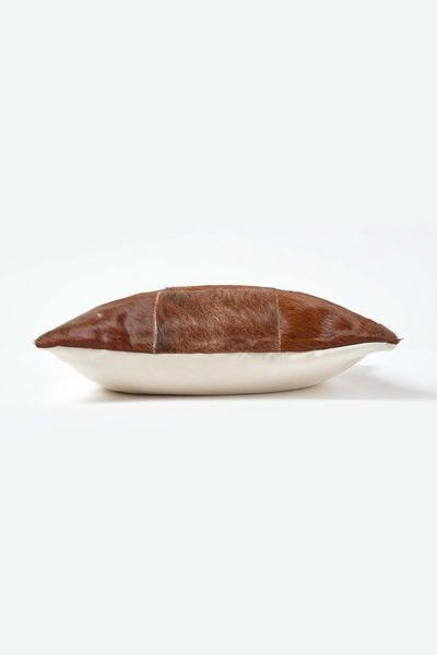 Homescapes Beige Beige Real Leather & Goat Hair Large Check Cushion with Feather Filling