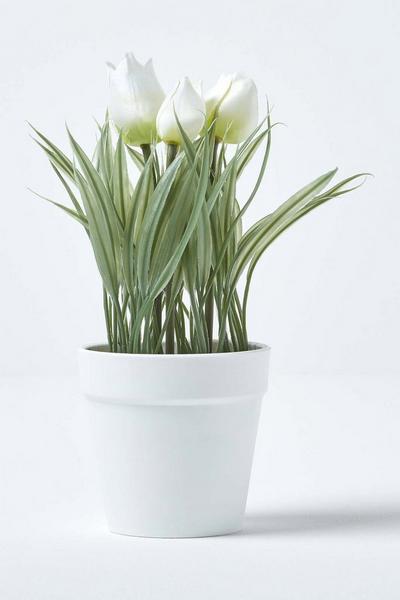 Homescapes White Artificial Tulips in White Decorative Pot, 22 cm Tall