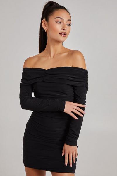 Pink Vanilla Black Slinky Bardot Ruched Mini Dress