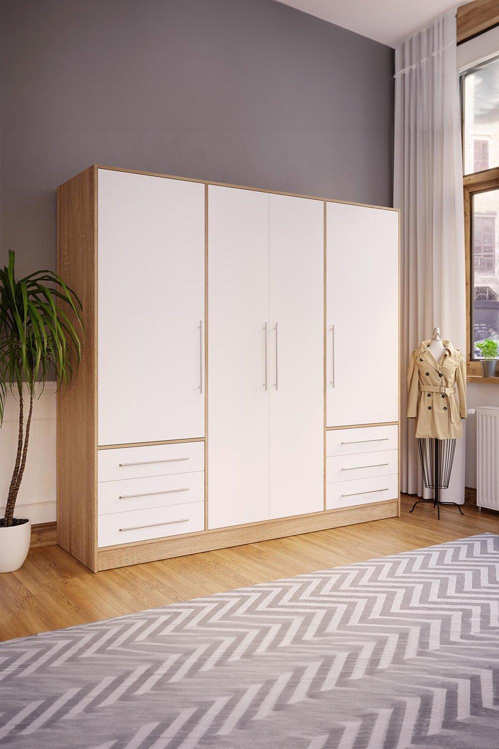 Wardrobes Large 4 Door 6 Drawer Wardrobe Matt White Oak FWStyle