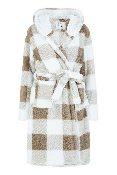 Yumi Brown Brown Check Super Soft Dressing Gown