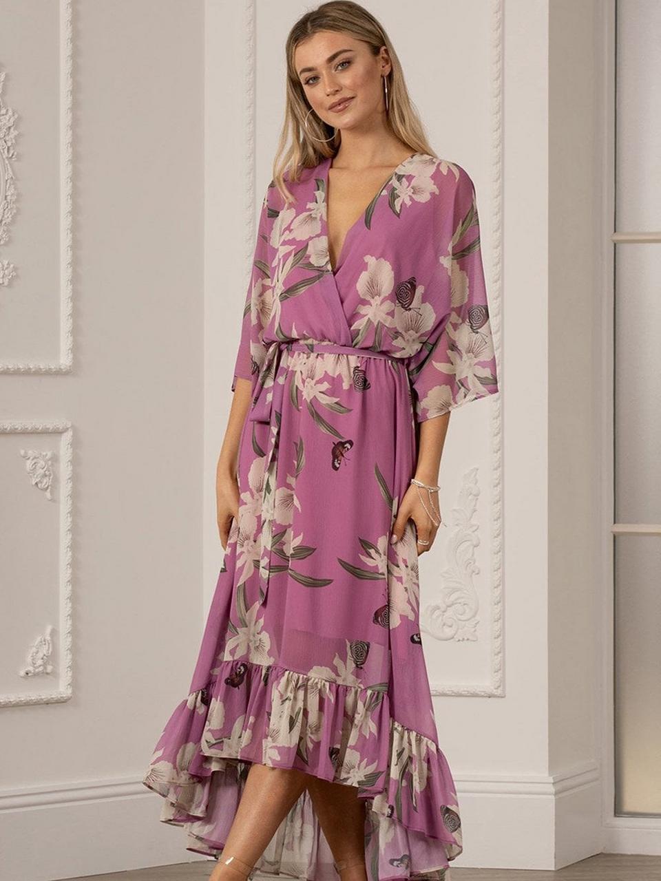 Dresses | Yumi Urban Soft Pink Floral Print Kimono Midi Wrap Dress | Yumi