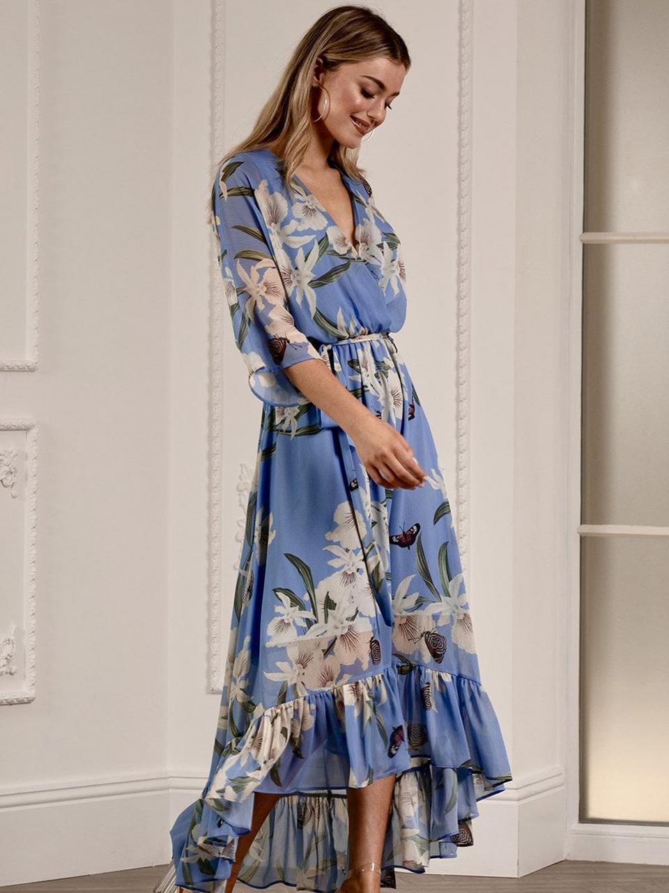 Dresses | Yumi Urban Light Blue Floral Print Kimono Midi Wrap Dress | Yumi