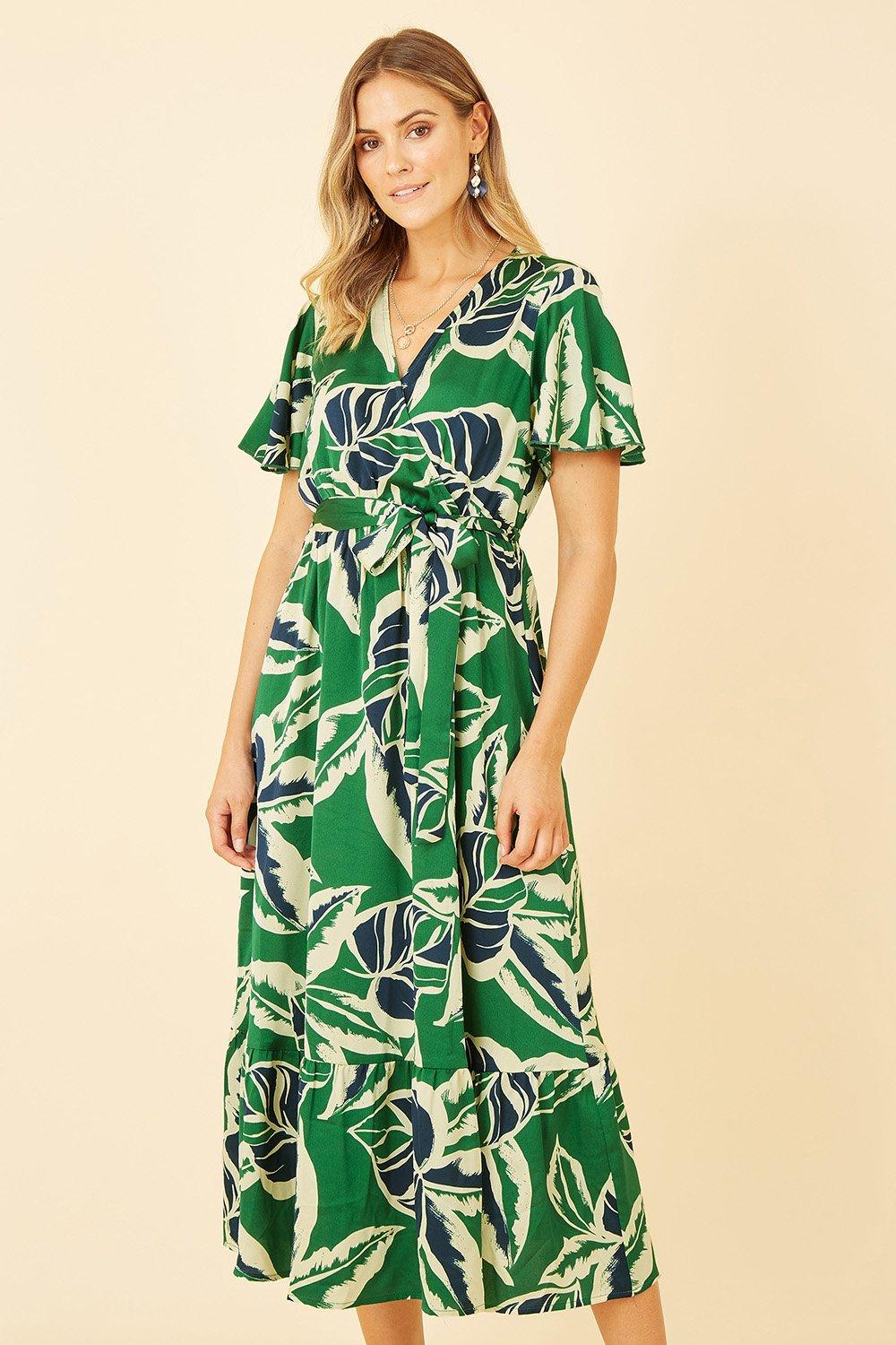 Dresses | Green Tropical Leaf Print Wrap Midi Dress | Yumi