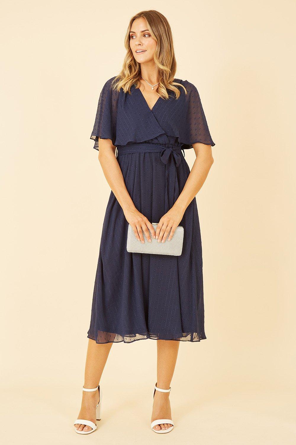 Dresses | Navy Wrap Midi Dress With Flutter Sleeve | Yumi