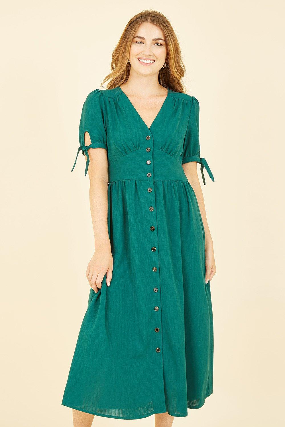 Dresses | Green Midi Shirt Dress With Tie Sleeves | Yumi
