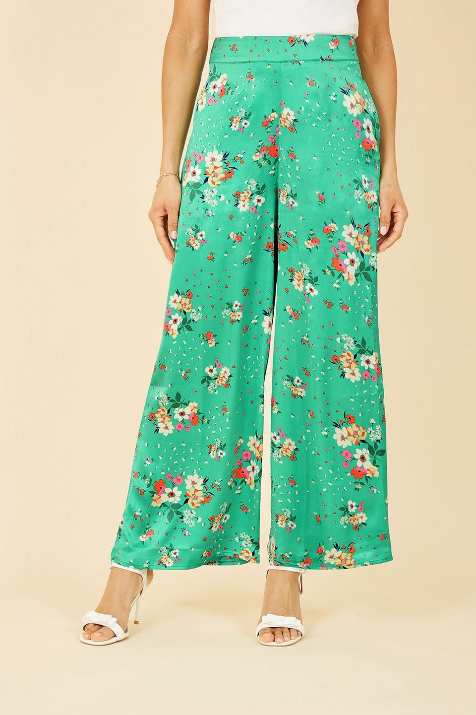 Trousers | Green Floral Satin Wide Leg Trousers | Yumi