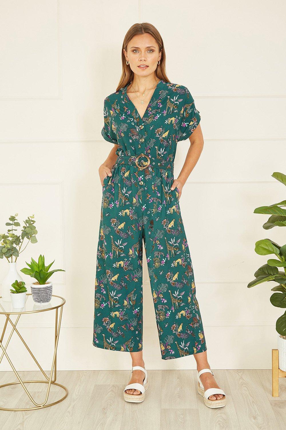 Jumpsuits | Green Recycled Safari Animal Print Jumpsuit | Yumi