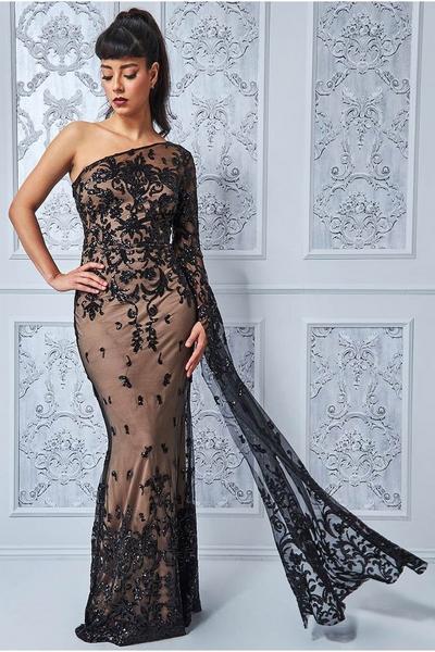 Goddiva Black Sequin Mesh One Shoulder Evening Maxi Dress