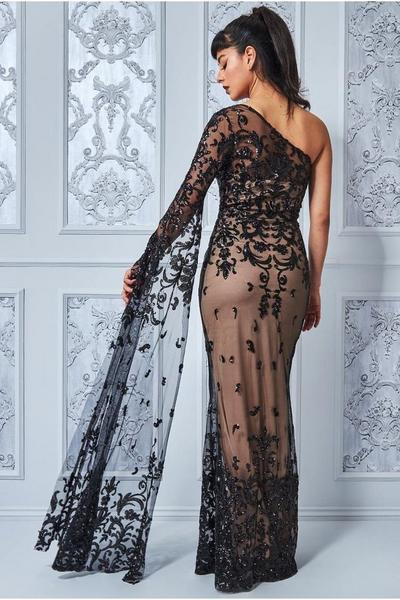 Goddiva Black Sequin Mesh One Shoulder Evening Maxi Dress