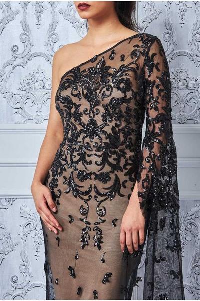 Goddiva Black Sequin Mesh One Shoulder Evening Maxi Dress