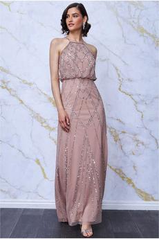 Danaya Light Brown Art Deco Sequin Evening Blouson Dress