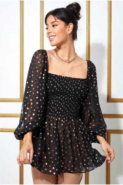 Goddiva Printed Shirred Body Long Top With Sleeves