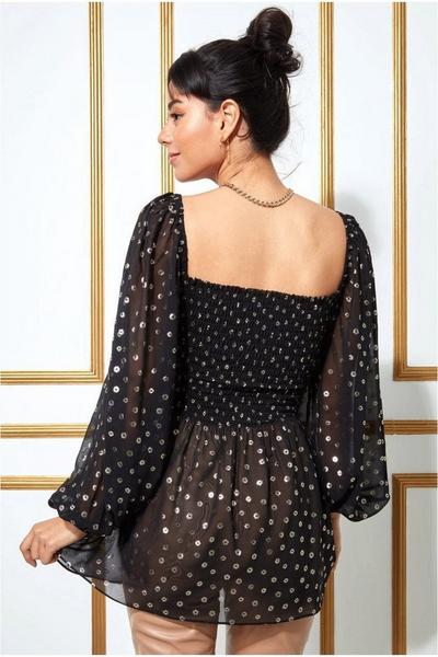 Goddiva Printed Shirred Body Long Top With Sleeves