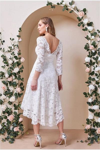 Goddiva White High Low Lace Midi Wedding Dress