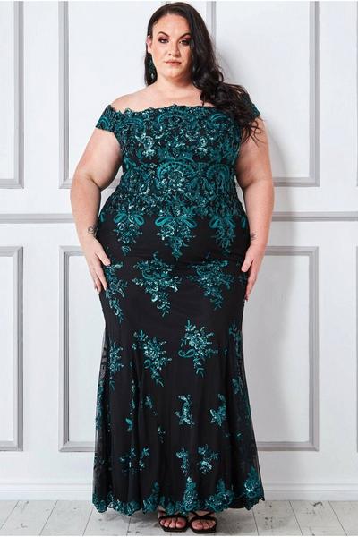 Goddiva Emerald Plus Scalloped Neck Sequin & Lace Maxi Dress