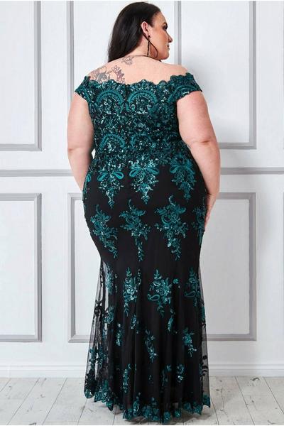 Goddiva Emerald Plus Scalloped Neck Sequin & Lace Maxi Dress