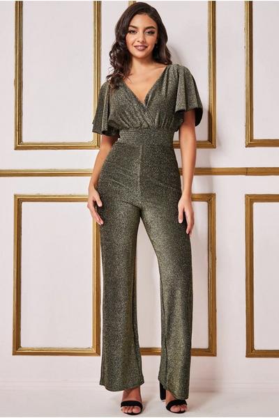 Goddiva Gold Lurex Wrap Style Jumpsuit in Gold - Exclusive Color