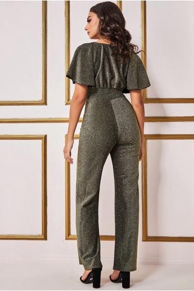 Goddiva Gold Lurex Wrap Style Jumpsuit in Gold - Exclusive Color
