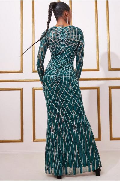 Goddiva Emerald Geo Sequin Long Sleeve Maxi Dress