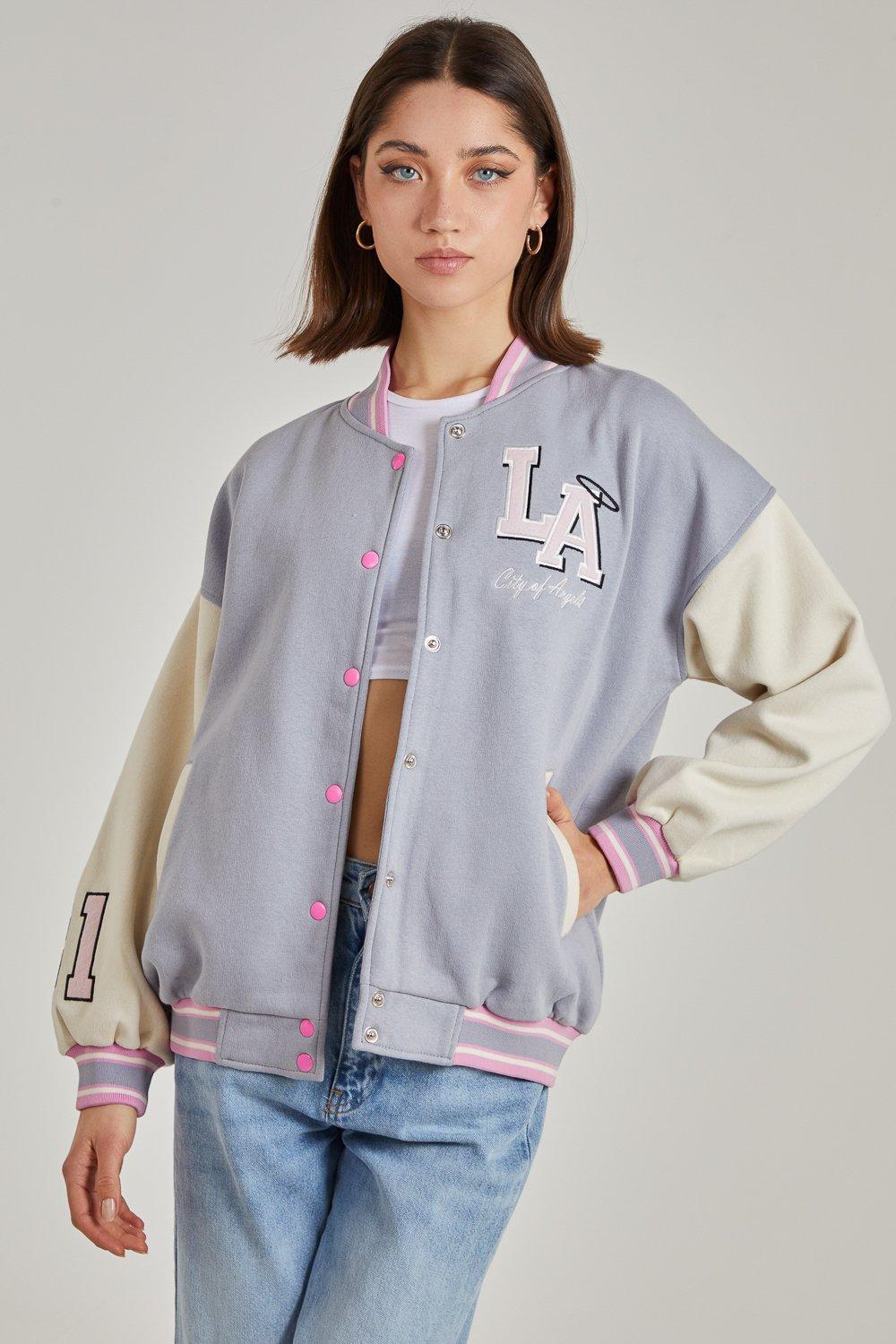 grey and pink varsity jacket