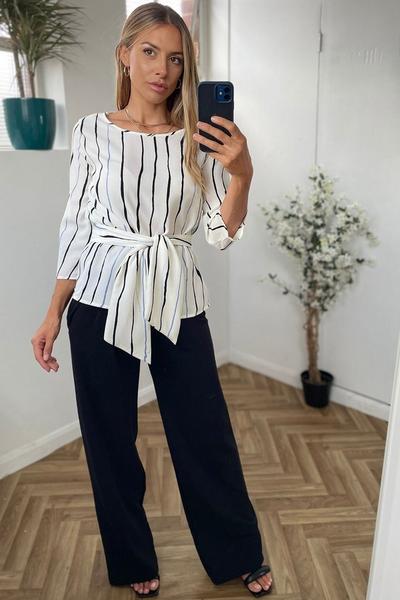 KRISP Cream Brush Stripe Print 3/4 Sleeve Tie Back Blouse