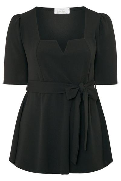 Yours Black Puff Sleeve Peplum Top