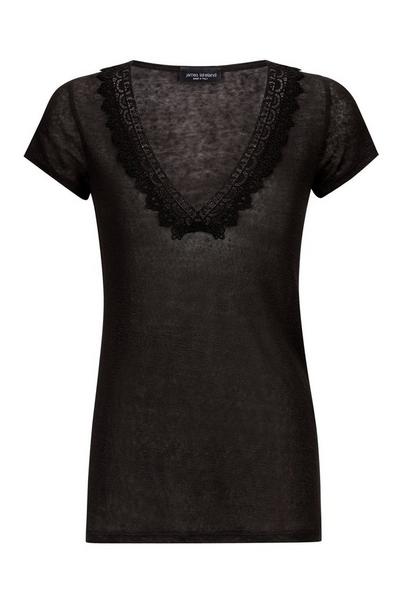 James Lakeland Black Crochet Detail V Neck T-shirt