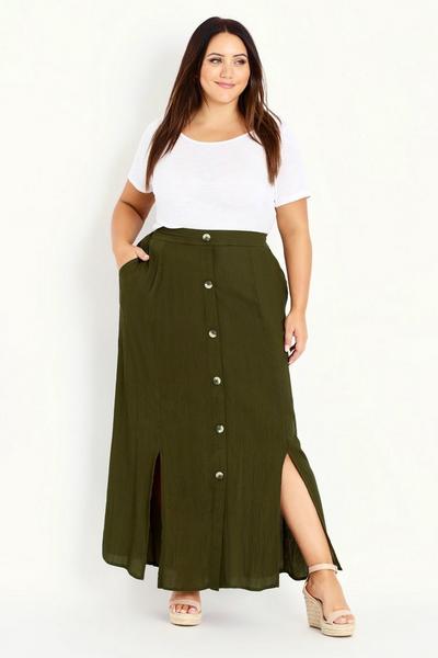 Evans Olive Button Through Maxi Skirt