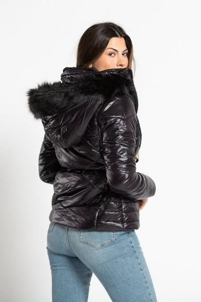 Tokyo Laundry Black High Shine Quilted Jacket With Faux Fur Trim Hood