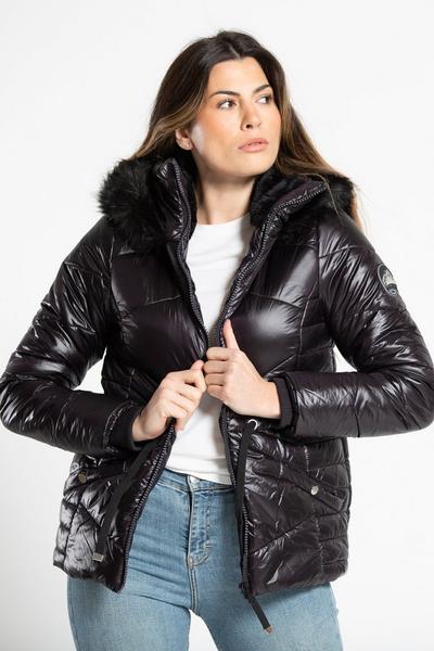 Tokyo Laundry Black High Shine Quilted Jacket With Faux Fur Trim Hood