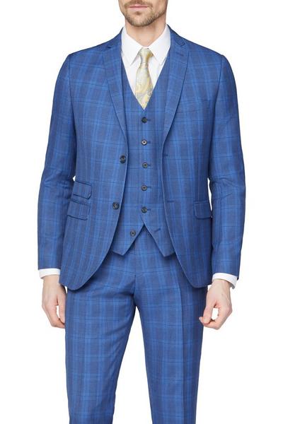 Jeff Banks Bright Blue Summer Check Super Slim Fit Brit Suit Jacket